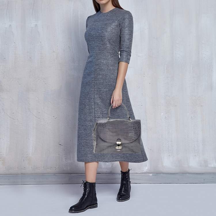 Pre Owned Furla Grey Croc Embossed Leather Top Handle Bag