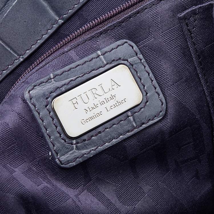 Pre Owned Furla Grey Croc Embossed Leather Top Handle Bag