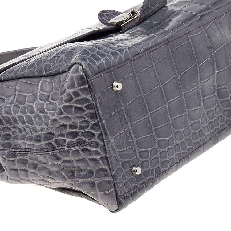 Pre Owned Furla Grey Croc Embossed Leather Top Handle Bag