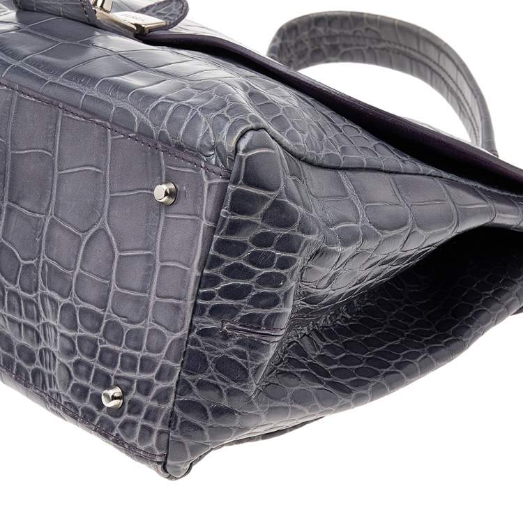 Pre Owned Furla Grey Croc Embossed Leather Top Handle Bag