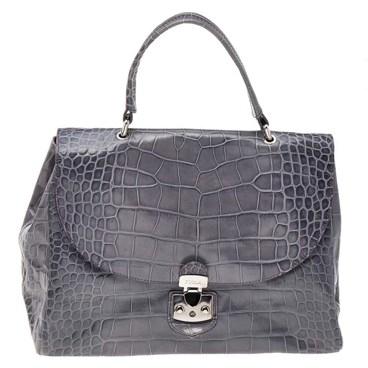 Pre Owned Furla Grey Croc Embossed Leather Top Handle Bag