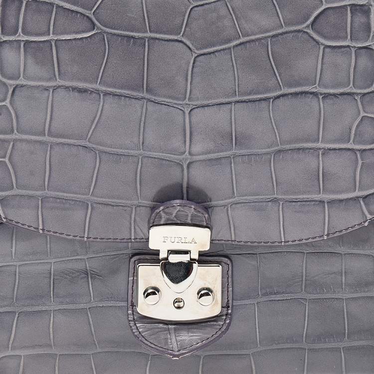 Pre Owned Furla Grey Croc Embossed Leather Top Handle Bag