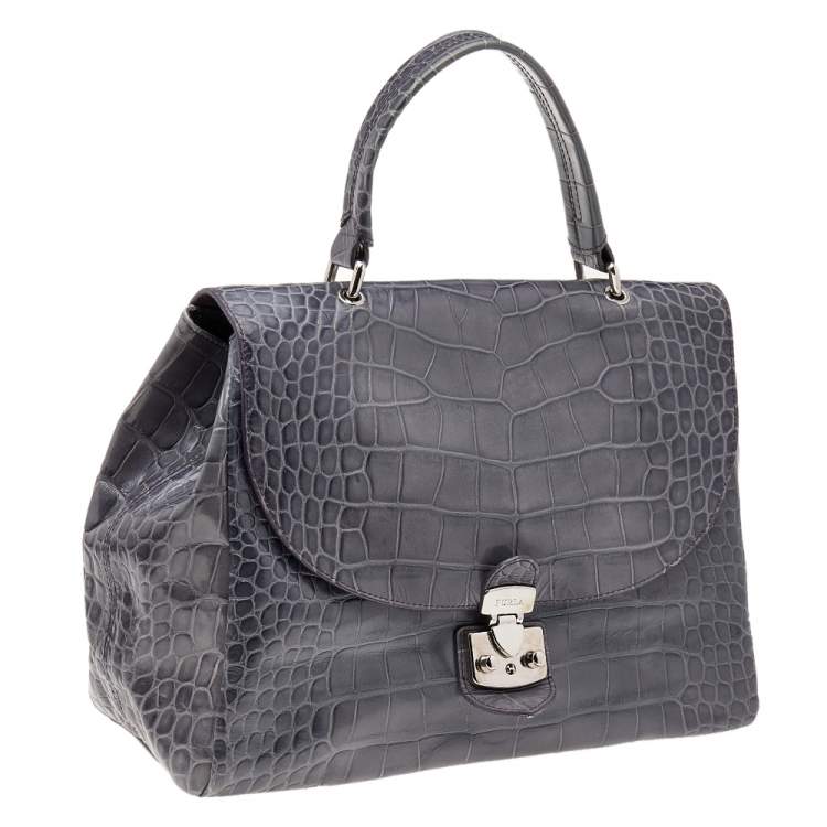 Pre Owned Furla Grey Croc Embossed Leather Top Handle Bag