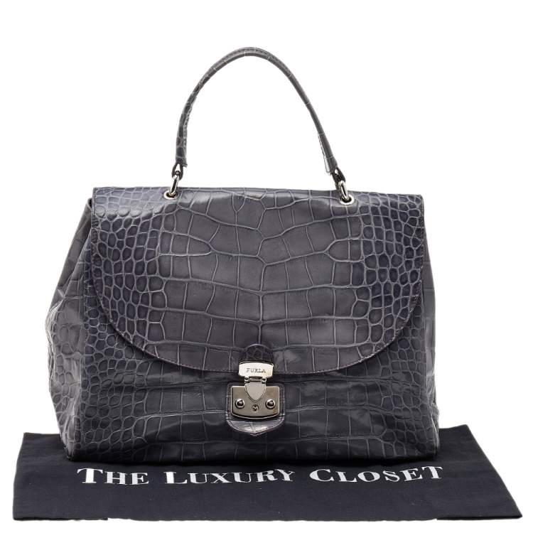 Pre Owned Furla Grey Croc Embossed Leather Top Handle Bag