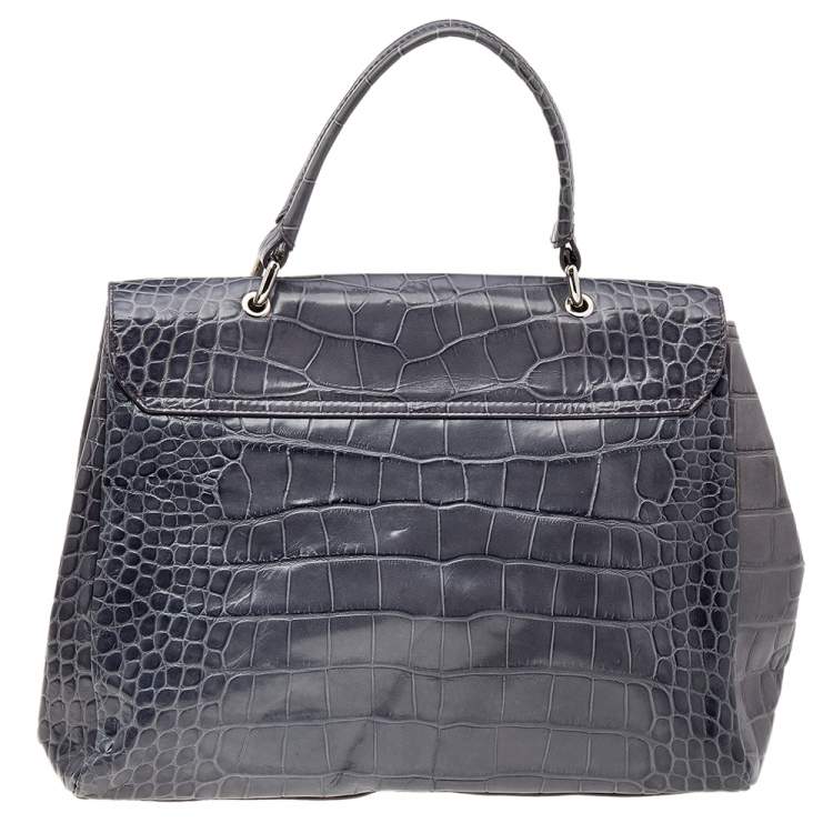 Pre Owned Furla Grey Croc Embossed Leather Top Handle Bag