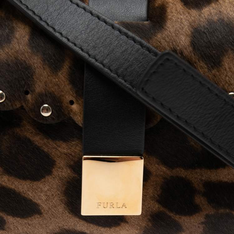 Pre Owned Furla Black/Brown Animal Print Pony Hair And Leather Amazzone Crossbody Bag