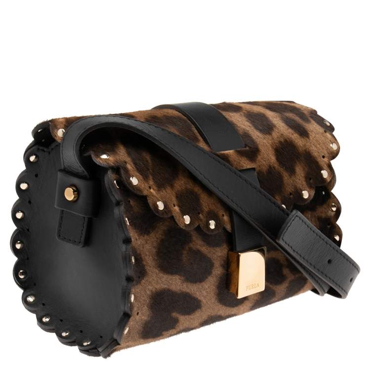 Pre Owned Furla Black/Brown Animal Print Pony Hair And Leather Amazzone Crossbody Bag