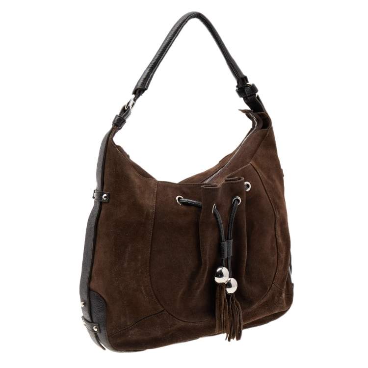 Pre Owned Furla Brown Suede And Leather Drawstring Hobo