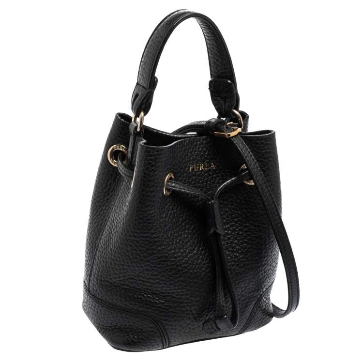 Pre Owned Furla Black Leather Mini Stacy Bucket Bag