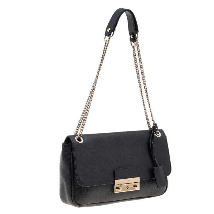 Pre Owned Furla Black Leather Julia Chain Shoulder Bag