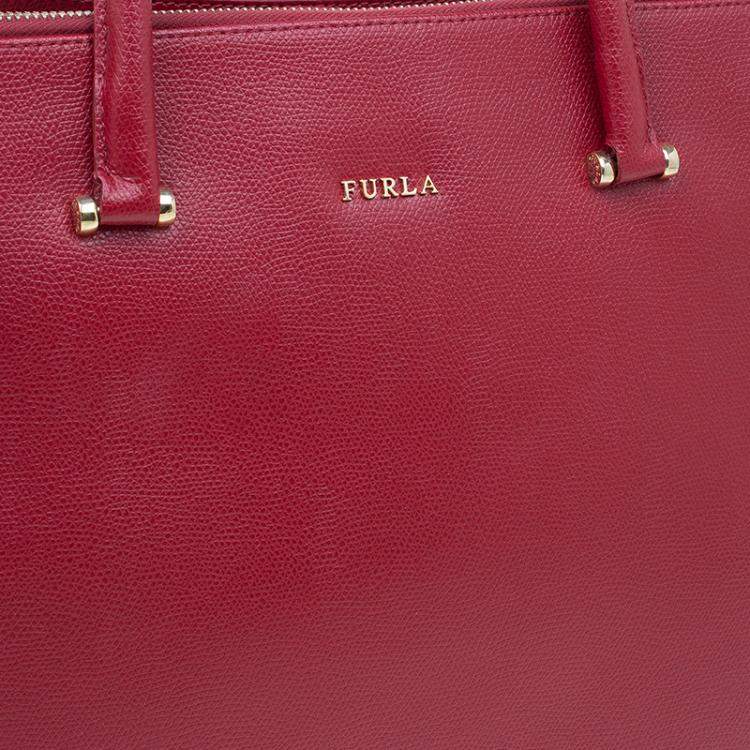 Pre Owned Furla Red Textured Leather Large Lotus Tote