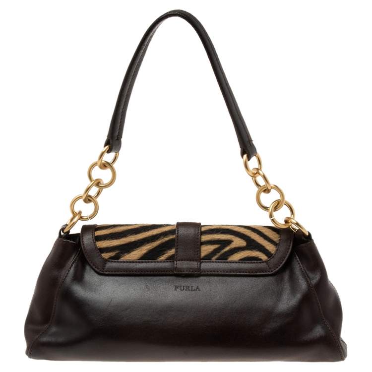 Pre Owned Furla Dark Brown/Cream Zebra Print Calf Hair and Leather Flap Baguette Bag
