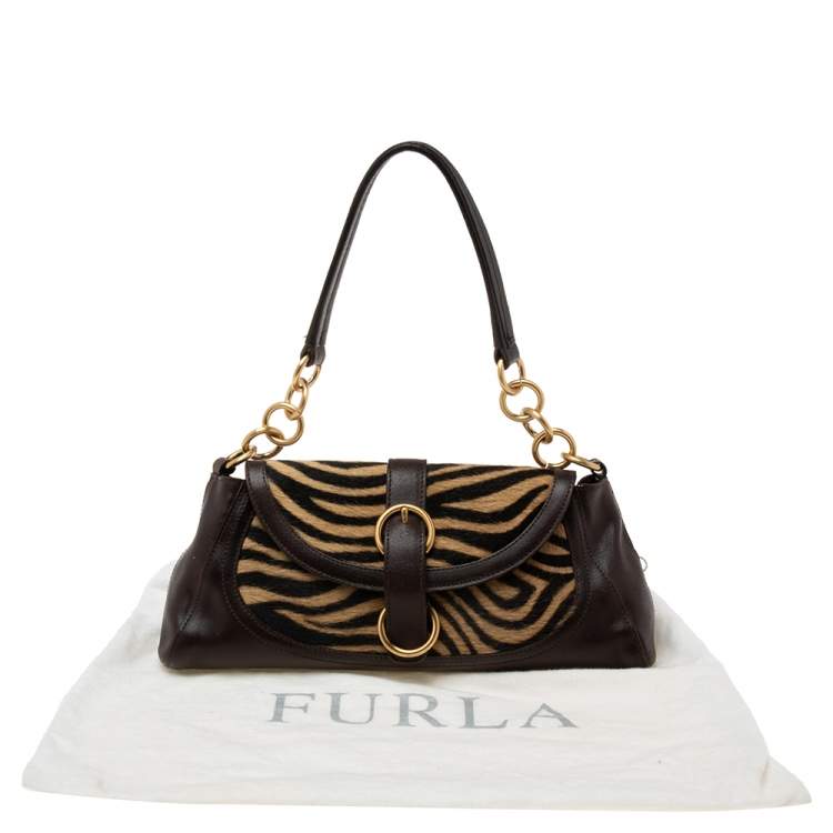 Pre Owned Furla Dark Brown/Cream Zebra Print Calf Hair and Leather Flap Baguette Bag