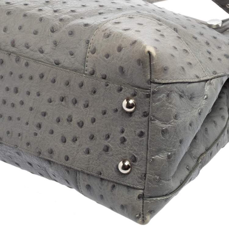 Pre Owned Furla Grey Ostrich Embossed Leather Piper Top Handle Bag