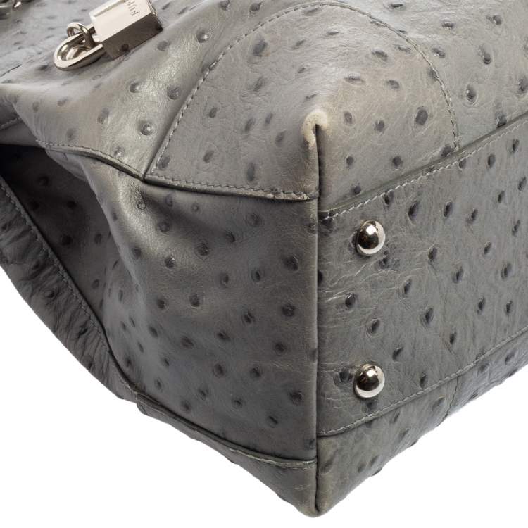 Pre Owned Furla Grey Ostrich Embossed Leather Piper Top Handle Bag