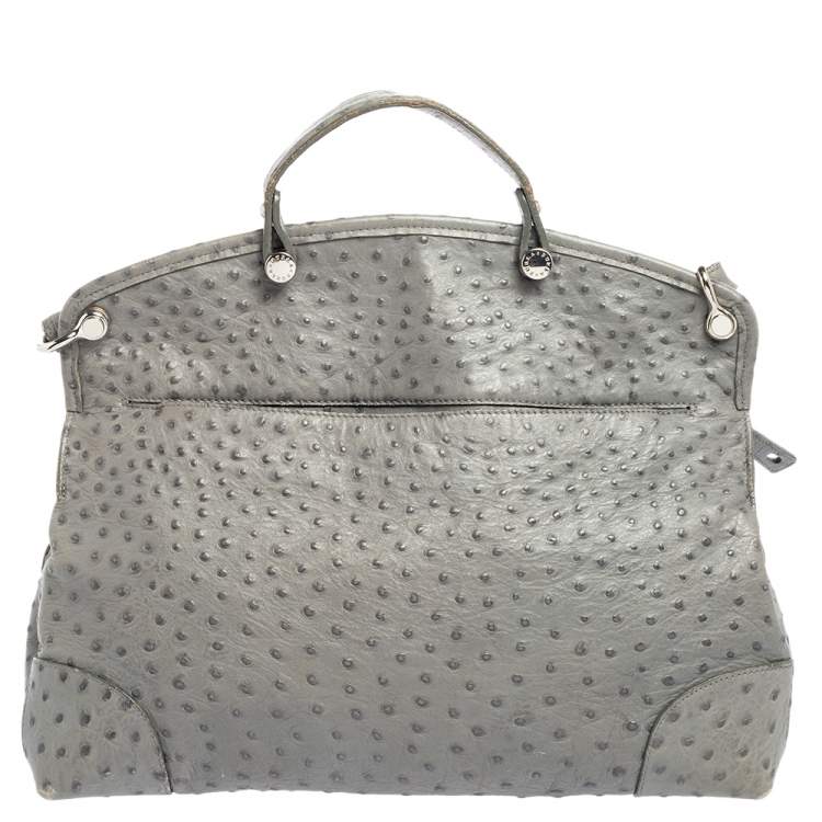 Pre Owned Furla Grey Ostrich Embossed Leather Piper Top Handle Bag