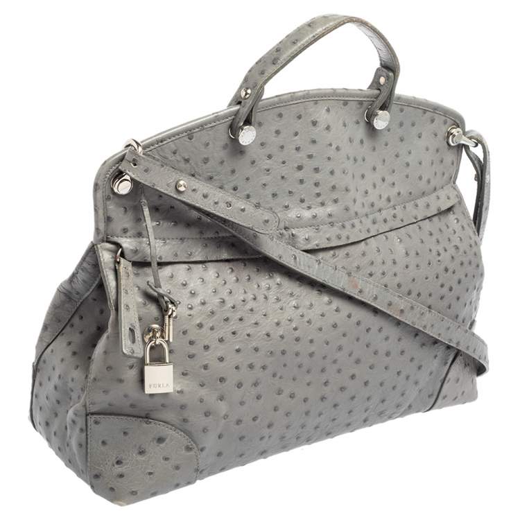 Pre Owned Furla Grey Ostrich Embossed Leather Piper Top Handle Bag