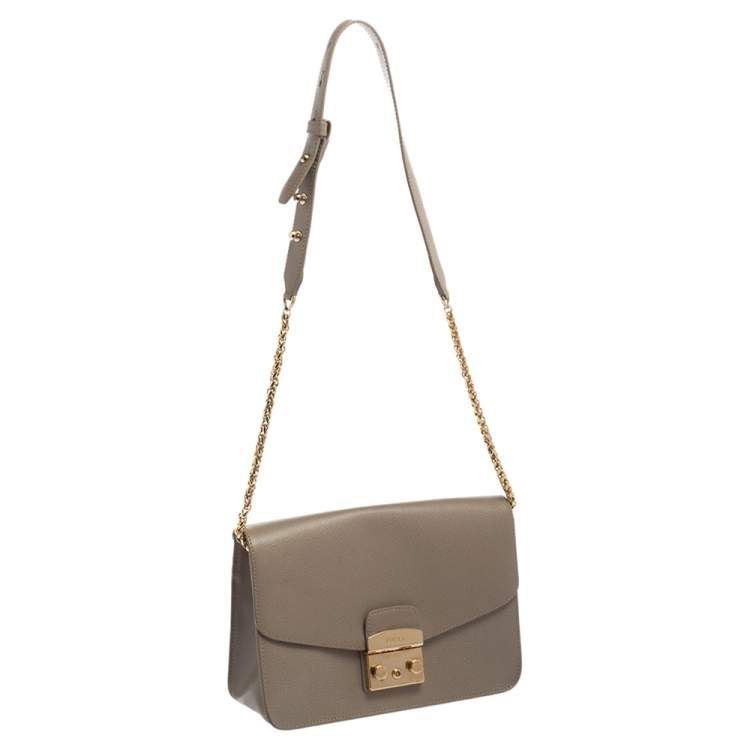 Pre Owned Furla Khaki Green Leather Metropolis Shoulder Bag
