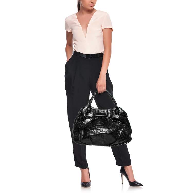 Pre Owned Furla Black Croc Embossed Leather Satchel