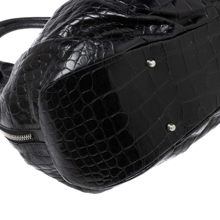 Pre Owned Furla Black Croc Embossed Leather Satchel