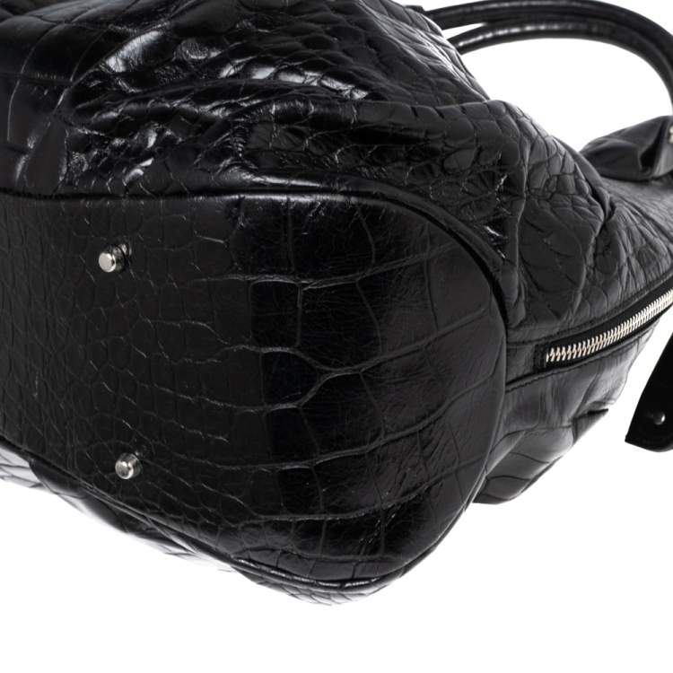 Pre Owned Furla Black Croc Embossed Leather Satchel