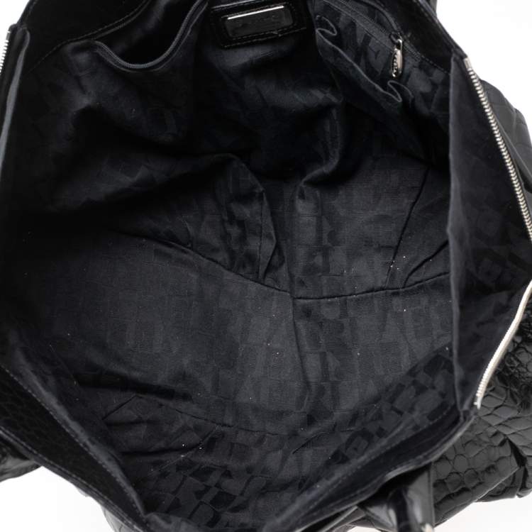 Pre Owned Furla Black Croc Embossed Leather Satchel