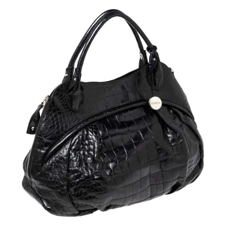 Pre Owned Furla Black Croc Embossed Leather Satchel