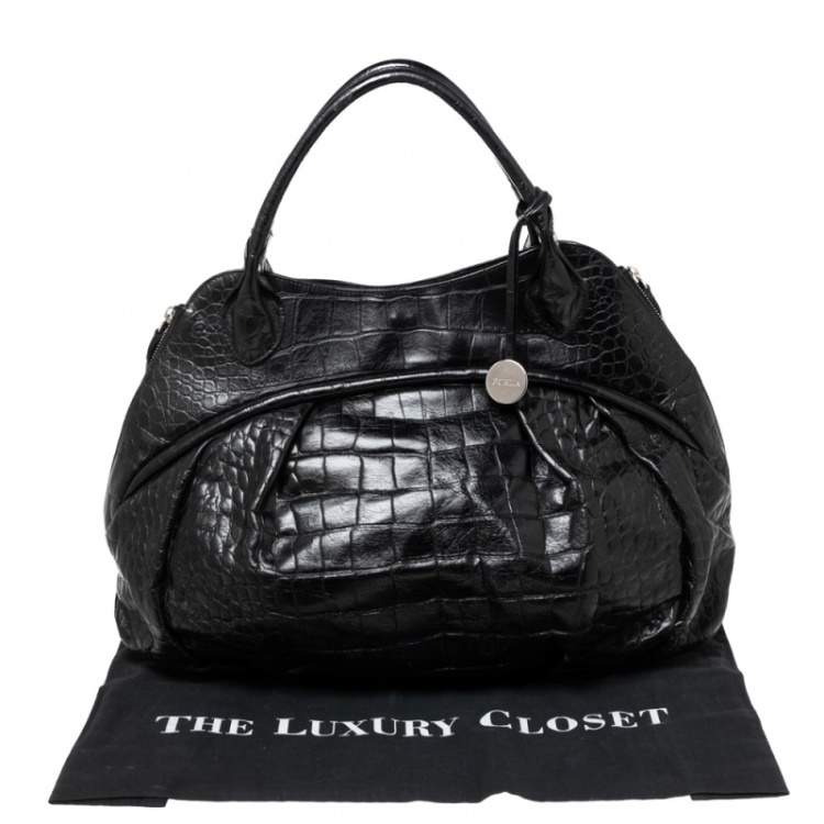 Pre Owned Furla Black Croc Embossed Leather Satchel