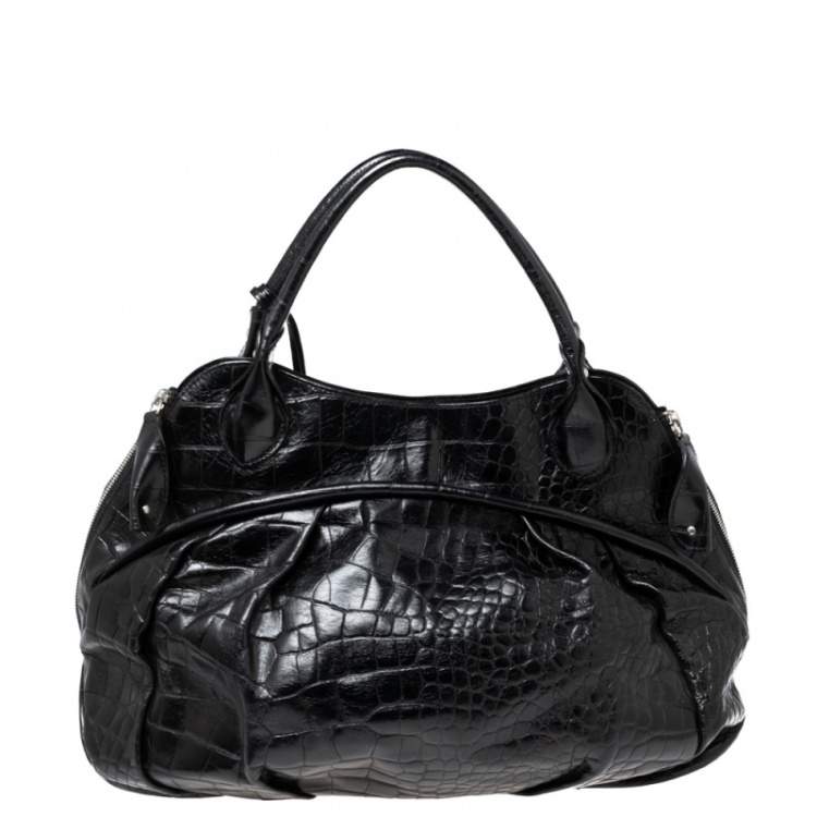 Pre Owned Furla Black Croc Embossed Leather Satchel