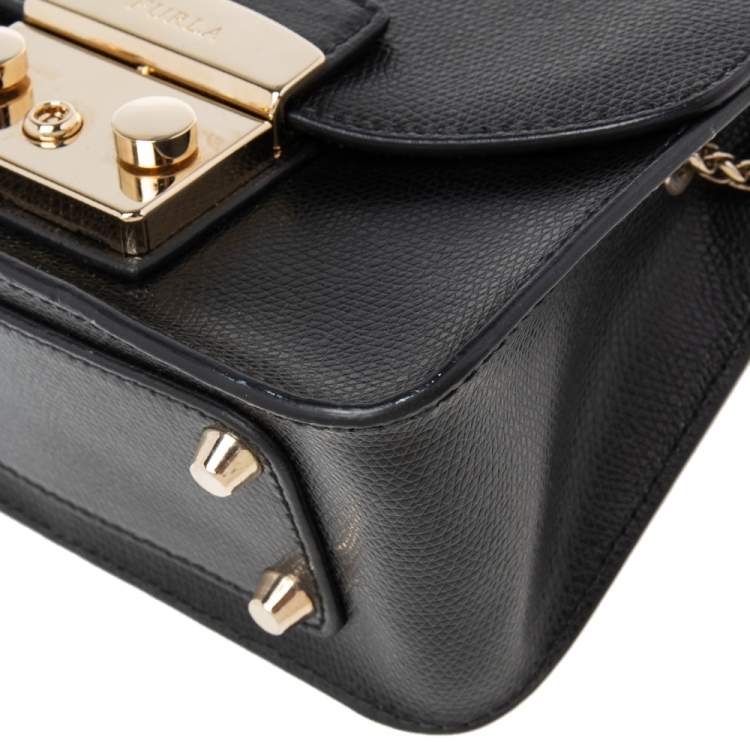Pre Owned Furla Black Leather Mini Metropolis Chain Shoulder Bag