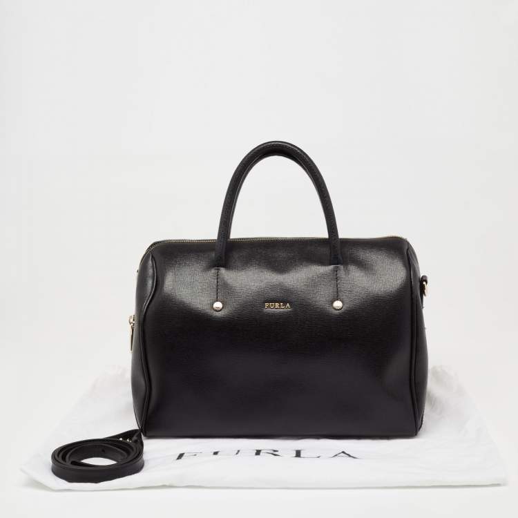 Pre Owned Furla Black Leather Medium Boston Bag