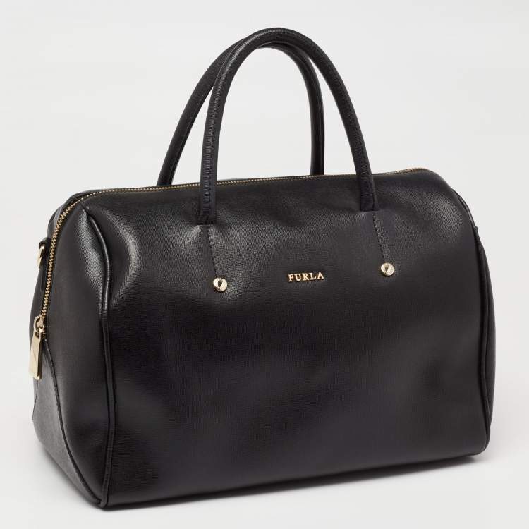 Pre Owned Furla Black Leather Medium Boston Bag