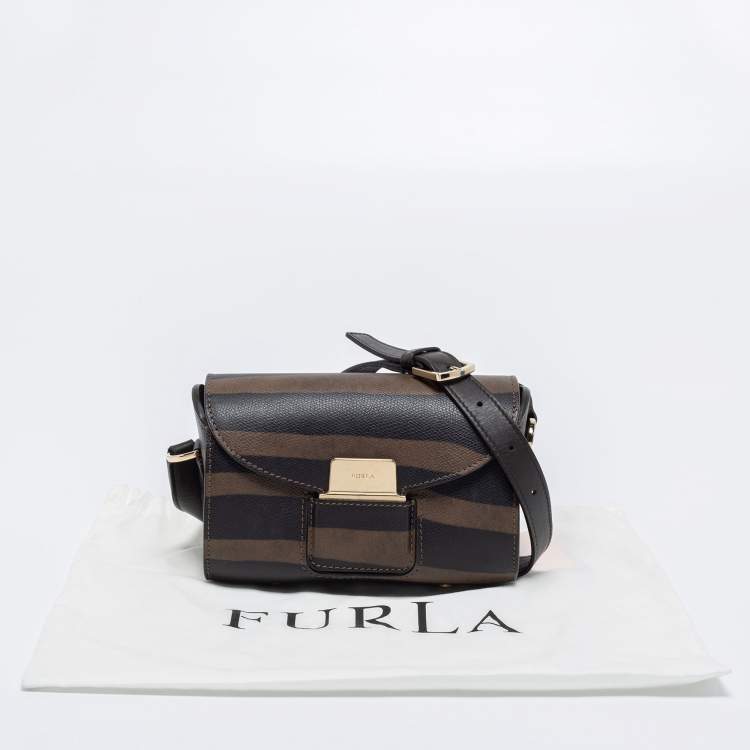 Pre Owned Furla Black/Green Zebra Print Leather Crossbody Bag