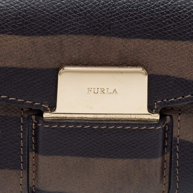 Pre Owned Furla Black/Green Zebra Print Leather Crossbody Bag