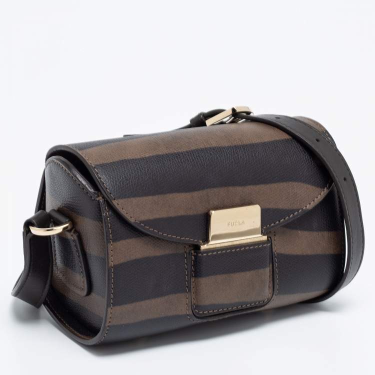 Pre Owned Furla Black/Green Zebra Print Leather Crossbody Bag