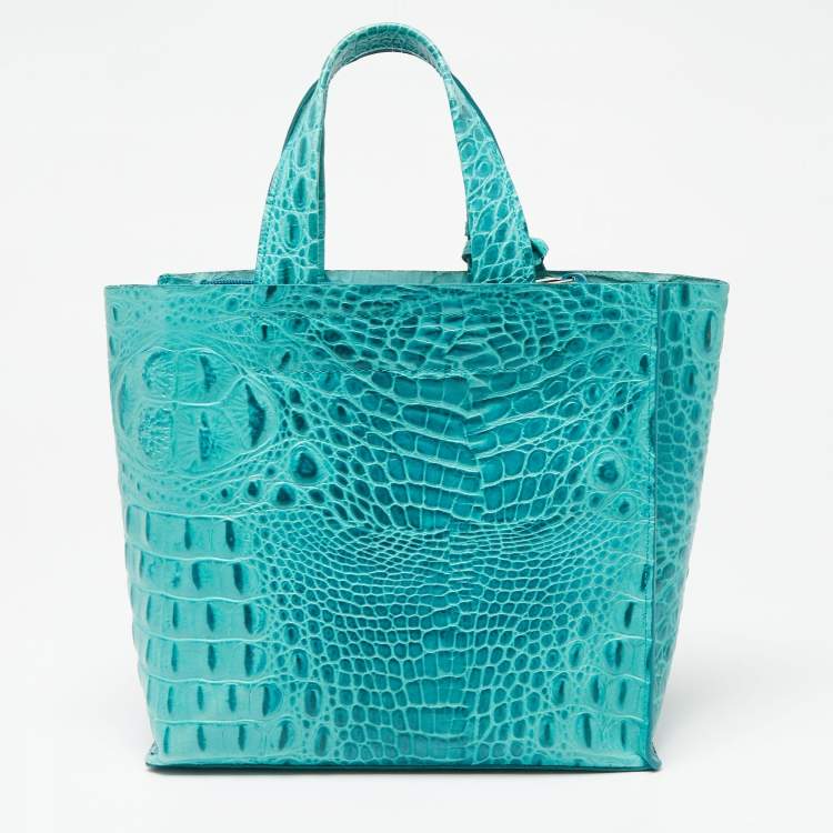 Pre Owned Furla Turquoise Croc Embossed Leather Divide It Tote