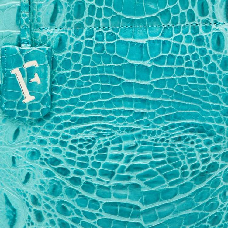 Pre Owned Furla Turquoise Croc Embossed Leather Divide It Tote