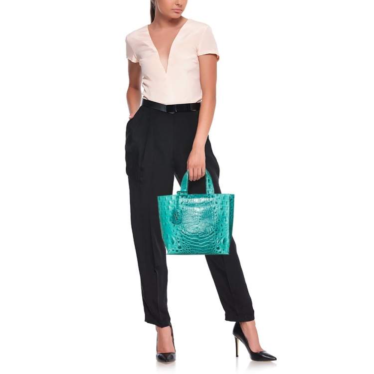 Pre Owned Furla Turquoise Croc Embossed Leather Divide It Tote