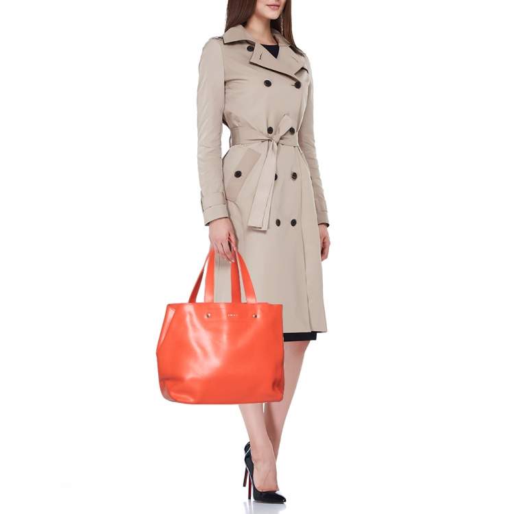 Pre Owned Furla Orange Leather Tote