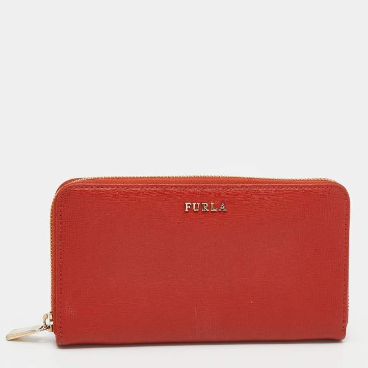 Pre Owned Furla Orange Leather Zip Around Wallet
