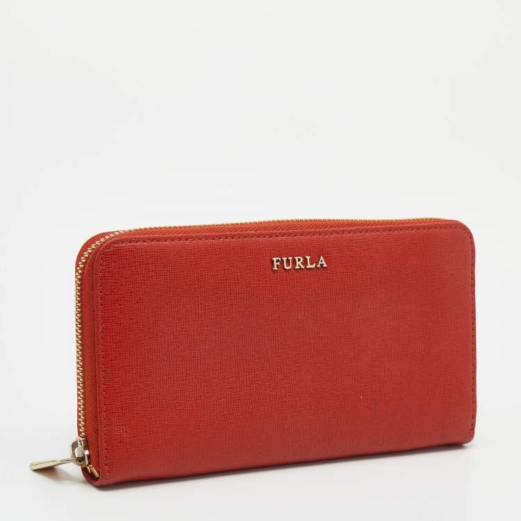 Pre Owned Furla Orange Leather Zip Around Wallet