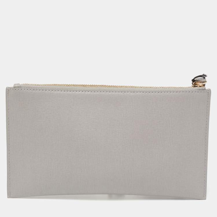 Pre Owned Furla Grey Leather Zip Slim Wristlet Pouch 