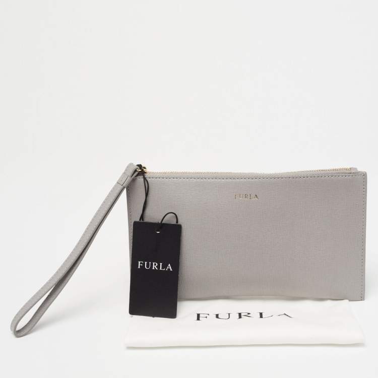 Pre Owned Furla Grey Leather Zip Slim Wristlet Pouch 