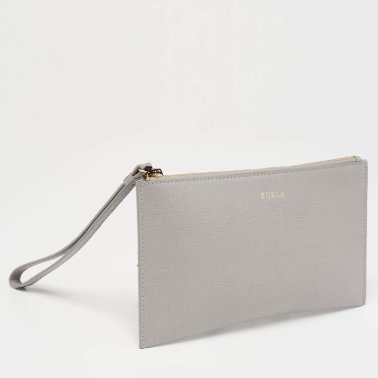 Pre Owned Furla Grey Leather Zip Slim Wristlet Pouch 