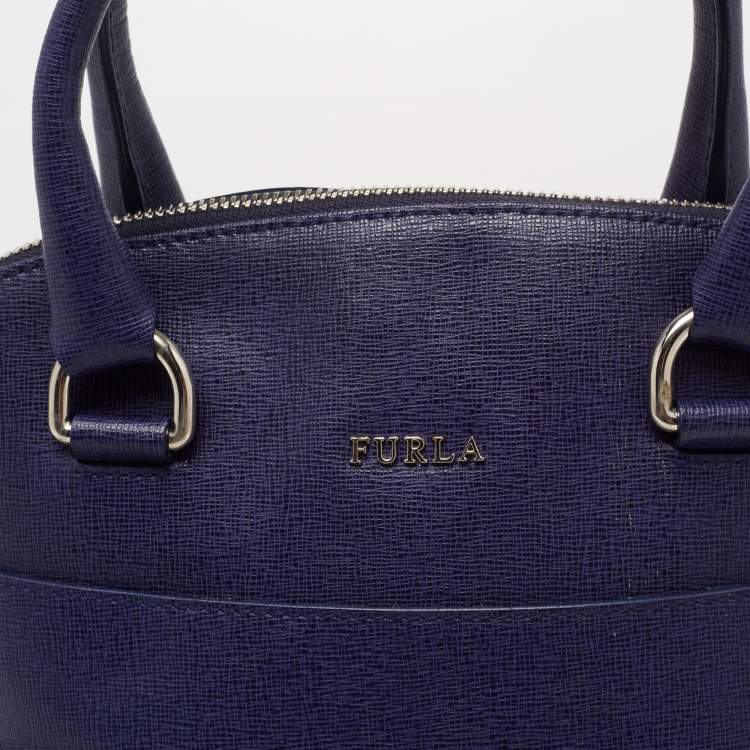 Pre Owned Furla Navy Blue Leather Logo Satchel
