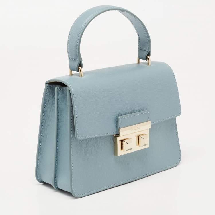 Pre Owned Furla Light Blue Leather Bella Top Handle Bag