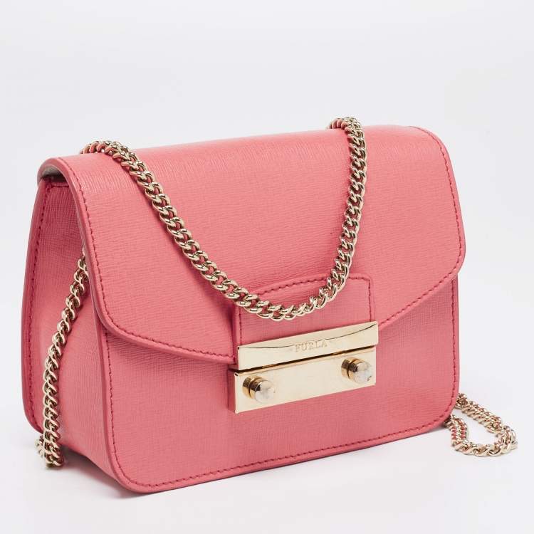 Pre Owned Furla Coral Pink Saffiano Leather Mini Metropolis Chain Shoulder Bag