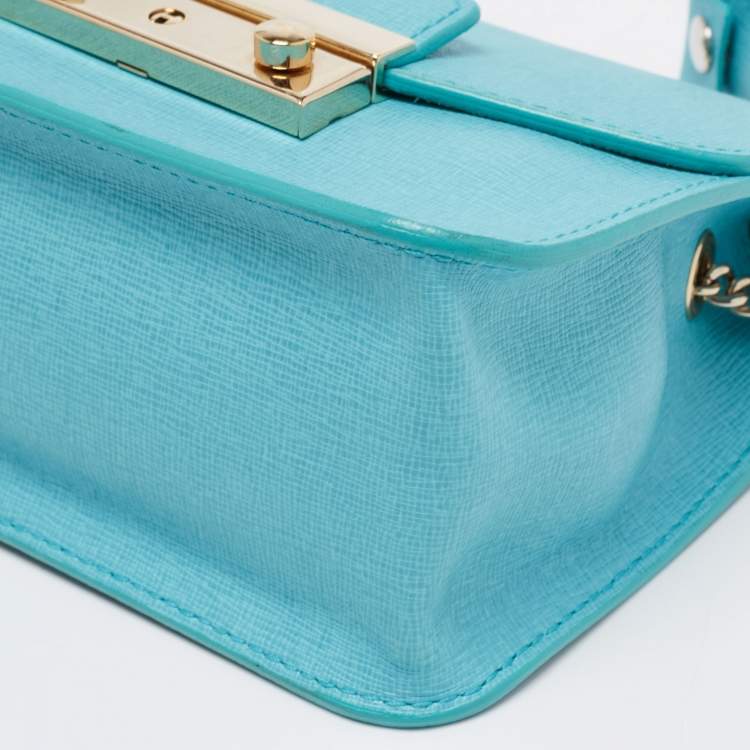 Pre Owned Furla Turquoise Leather Mini Metropolis Chain Crossbody Bag