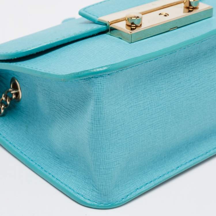 Pre Owned Furla Turquoise Leather Mini Metropolis Chain Crossbody Bag