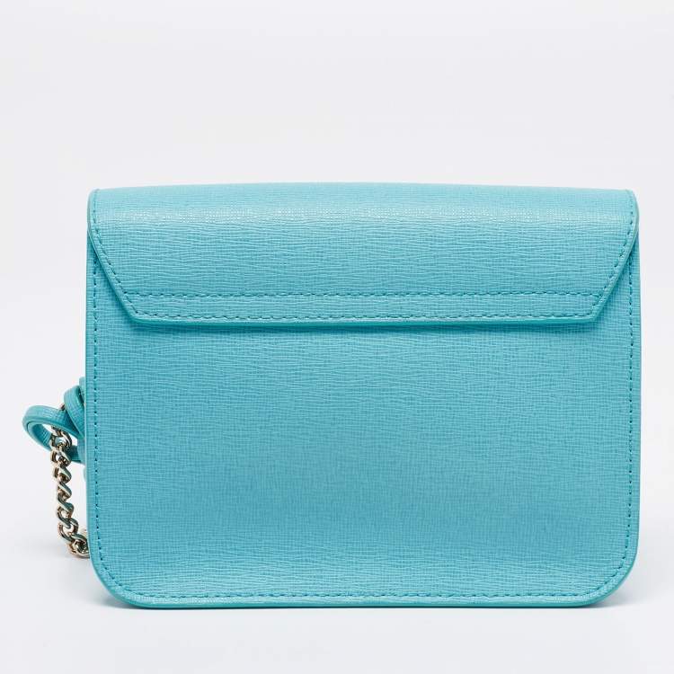 Pre Owned Furla Turquoise Leather Mini Metropolis Chain Crossbody Bag